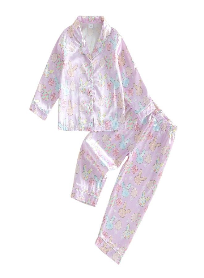 fyclemt Toddler Baby Girl Boy Easter Silk Pajamas Bunny/Eggs Long Sleeve Button Up Shirts Pants Little Girls Sleepwear Satin Pjs Set (Purple, 18-24 Months) - Image 1