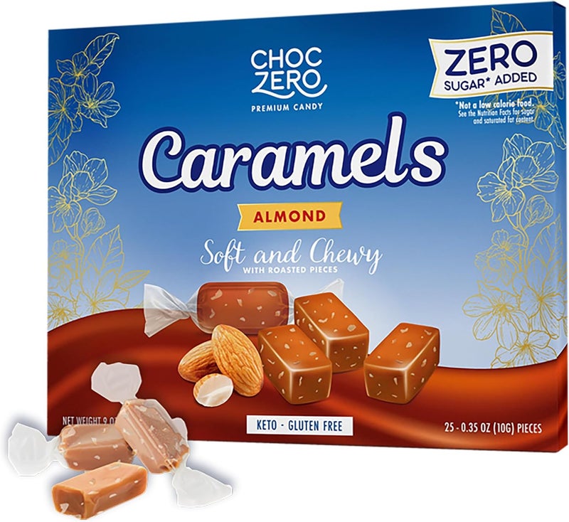 ChocZero Sugar Free Almond Caramels - Soft and Chewy Keto Candy with Roasted Almonds (9oz Box) - Image 1