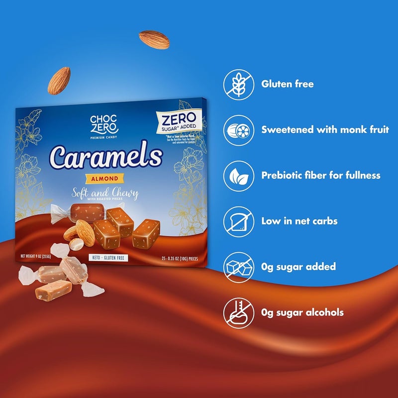 ChocZero Sugar Free Almond Caramels - Soft and Chewy Keto Candy with Roasted Almonds (9oz Box) - Image 3