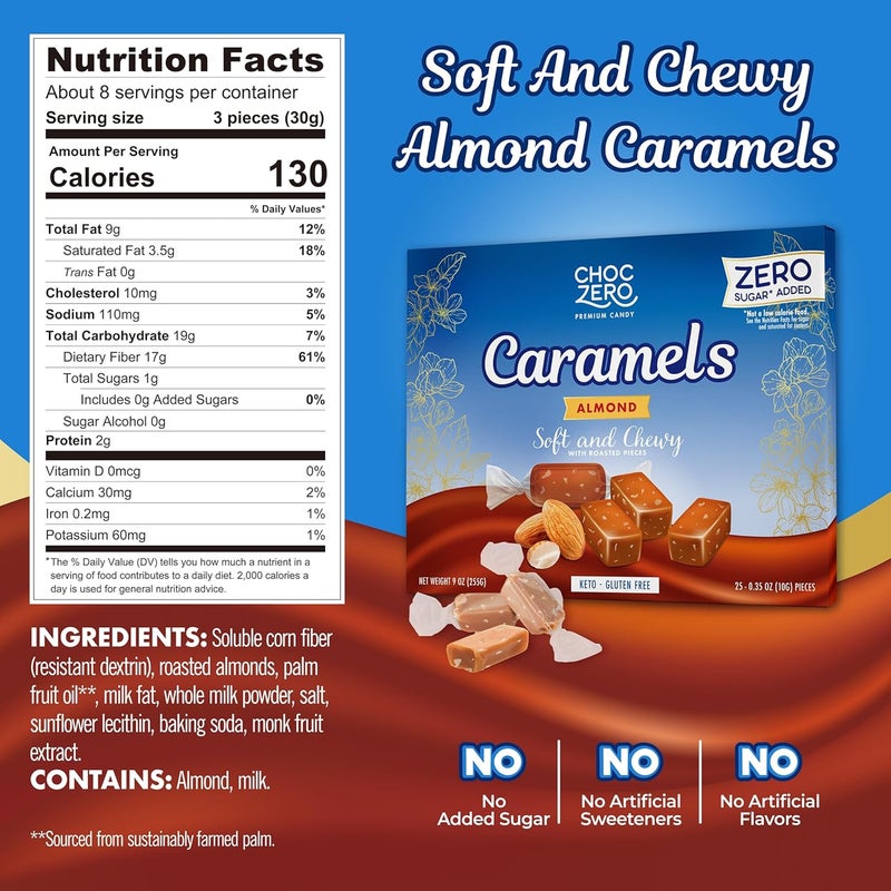 ChocZero Sugar Free Almond Caramels - Soft and Chewy Keto Candy with Roasted Almonds (9oz Box) - Image 2