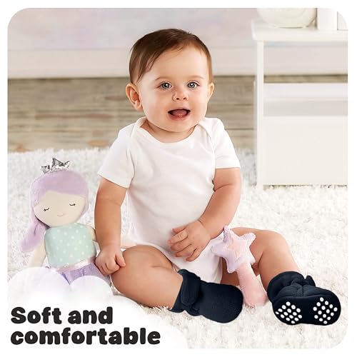 Bufims Baby Booties 12-18 Months Unisex Cozy Fleece Booties Non-Slip House Walking Shoes Slippers for Babies Registry Gifts, Navy - Image 2