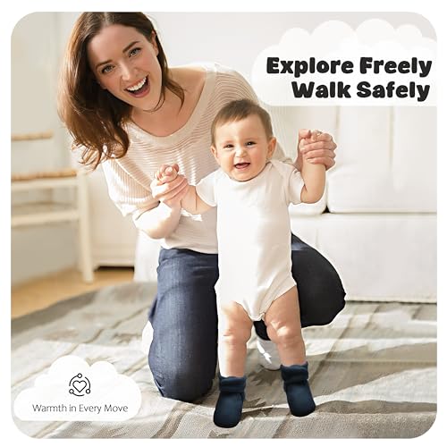 Bufims Baby Booties 12-18 Months Unisex Cozy Fleece Booties Non-Slip House Walking Shoes Slippers for Babies Registry Gifts, Navy - Image 3