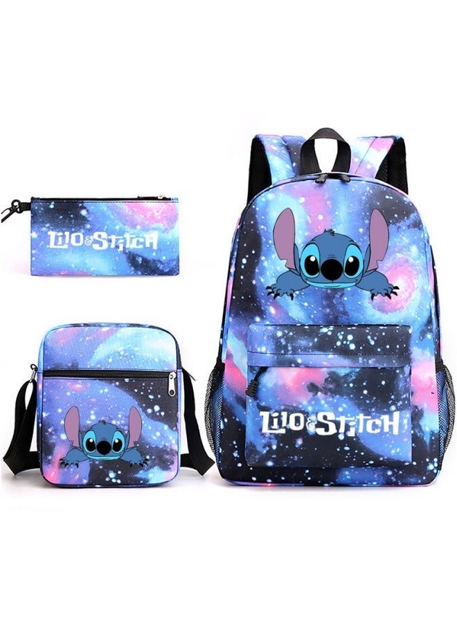 Lilo & Stitch The Stitch Cartoon-themed Backpack Three-piece Set Includes A Pencil Case, A Single-shoulder Bag, And A Double-shoulder Backpack Featuring Playful Stitch Character Prints. - Image 1