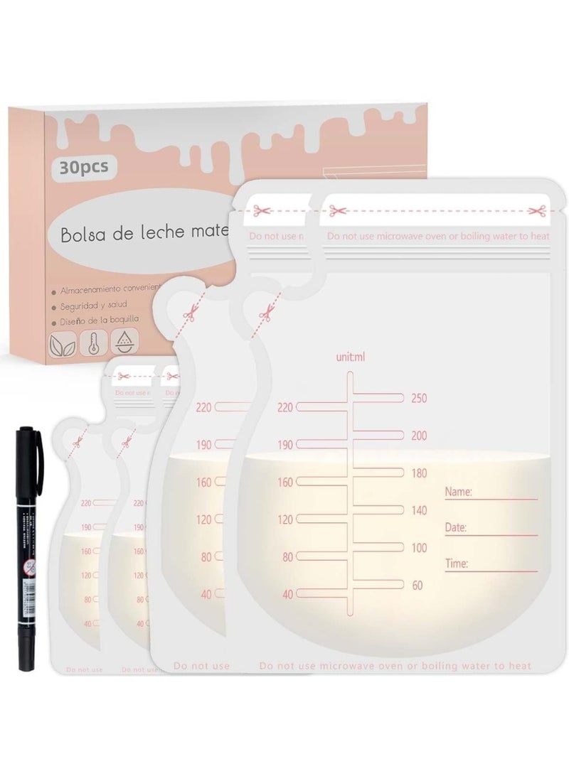 أكياس تخزين الحليب، 30 قطعة، أكياس ذاتية الإغلاق مع شريط سهل السحب، منظم تجميد لأكياس تخزين الحليب، 8.5 أونصة - Image 1