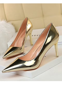 BIGTREE Women's Comfortable Shiny Stiletto Pumps 7.5cm Elegant Gorgeous Closed Pointed Toe Slip On Solid High Heels Gold 