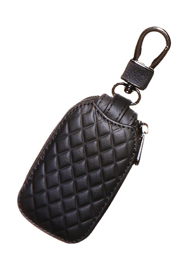 Car Key Case  Genuine Leather Remote Key Fob Cover Keychain Holder With Metal Hook Universal Vehicle Keyring Zipper Bag (Black) - Image 1