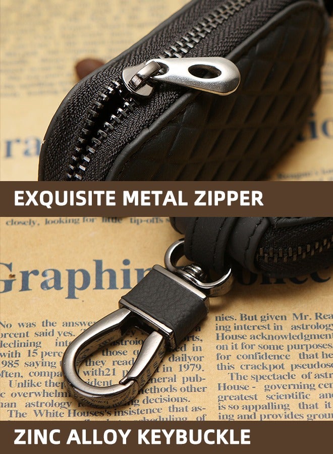 Car Key Case  Genuine Leather Remote Key Fob Cover Keychain Holder With Metal Hook Universal Vehicle Keyring Zipper Bag (Black) - Image 3