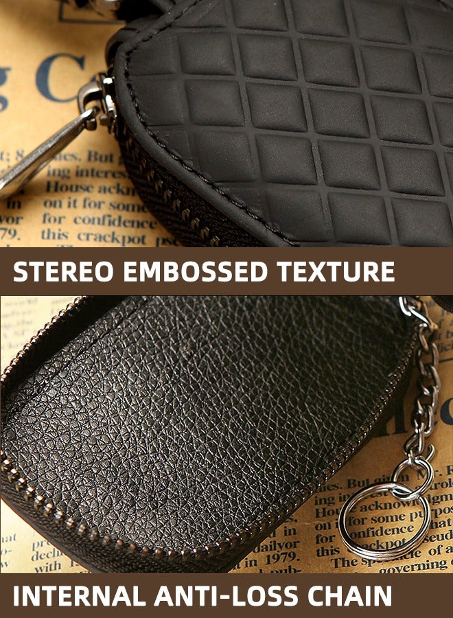 Car Key Case  Genuine Leather Remote Key Fob Cover Keychain Holder With Metal Hook Universal Vehicle Keyring Zipper Bag (Black) - Image 4