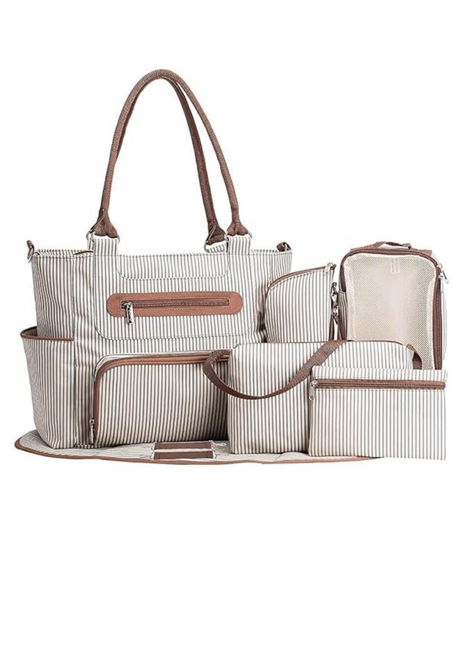 DOMUIK Bag Tote 6 Piece Set, Multilayered Fabrics Baby Nappy And Diaper Bag with Stroller Hook, Changing Pad, Small Shoulder, Medium Wallet, Milk Bottle Clothing Bag (khaki)  - Image 1