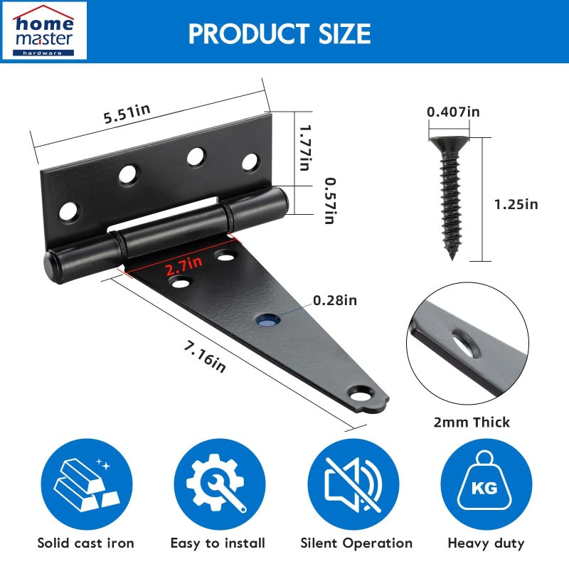 Home Master Hardware 8 In Heavy Duty T Strap Hinge,Tee Hinge, Shed Barn Door Hinges For Wooden Fences,Yard Door, Outdoor Rustproof Wrought Hardware Iron Black Finish With Screws 6 Pack - Image 2