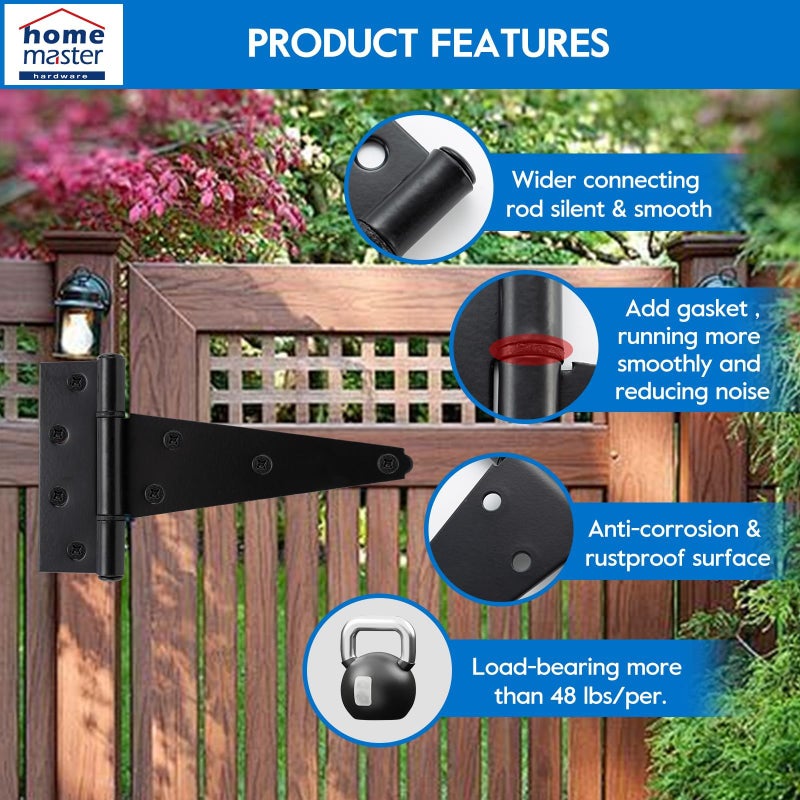 Home Master Hardware 8 In Heavy Duty T Strap Hinge,Tee Hinge, Shed Barn Door Hinges For Wooden Fences,Yard Door, Outdoor Rustproof Wrought Hardware Iron Black Finish With Screws 6 Pack - Image 4
