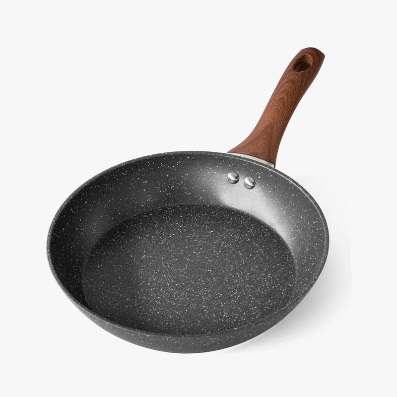 Pushkh Non Stick Marble Finish Professional Kitchen Frying pan CD Bottom Bakelite Wood Handle for Induction Cookware Safe for Dish Washer 26 CM Black - Image 1