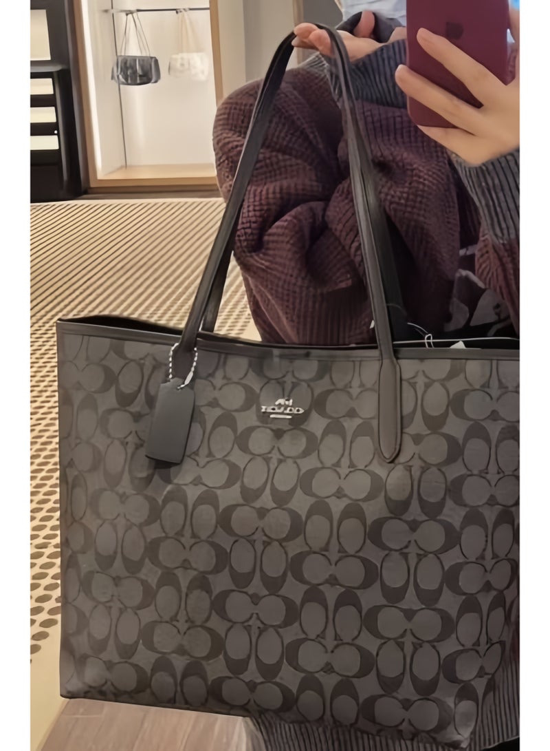 coachoutlet Coach City Tote Bag Iconic Printed Women's Fashion Multifunctional Large Capacity Large Size Grey Black Tote Bag - Image 4