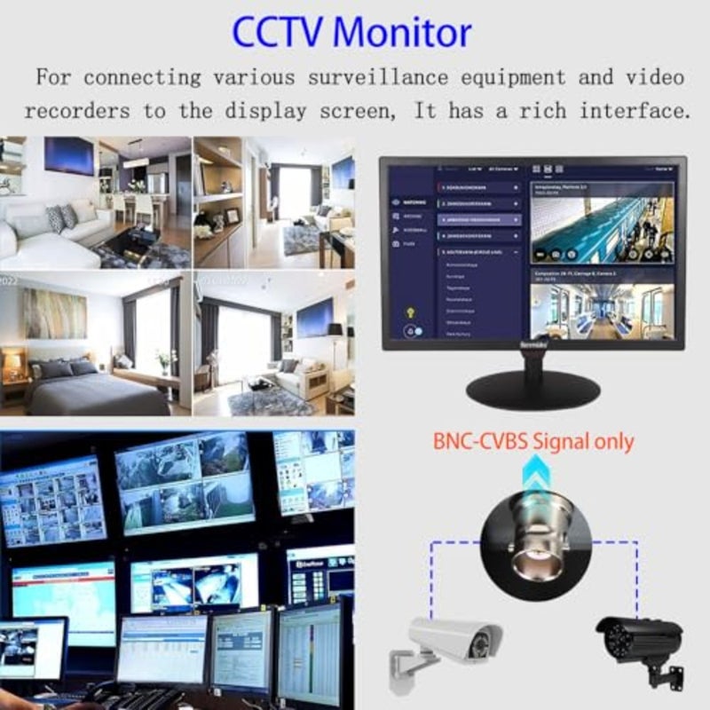 كاميرا مراقبة CCTV شاشة عرض LCD مع BNC، HDMI، VGA، AV، واجهات USB، مكبر صوت مدمج، دقة 1440 × 900، غلاف بلاستيكي أسود، تطبيق مراقبة احترافي - Image 3