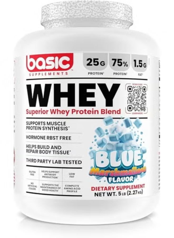 Basic Supplement Whey Protein Powder, 25g Protein, Complete Amino Acid Profile, Gluten-Free, Low Fat, RBST-Free, Supports Muscle Recovery & Antibody Health (5LB, Blue Marshmallow) - Image 1