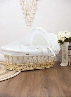 FUN MOMENT The cradle of the newborn Moses basket is a off-white color for children with a mosquito net  - Image 1