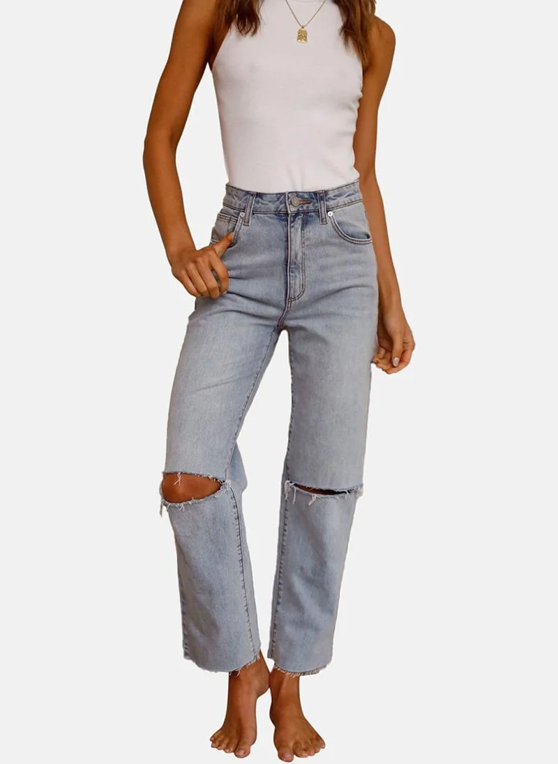 YUNIQEE Blue Straight Fit Slash Knee High-Rise Jeans