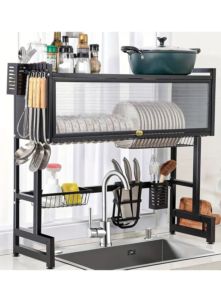 راكسوم حامل تجفيف الأطباق عالي التحمل فوق الحوض، حامل أطباق كبير من 3 طبقات فوق رف تجفيف الأطباق المضاد لرف حوض المطبخ مع منظم أطباق الباب مع خزانة مقاومة للغبار - Image 1
