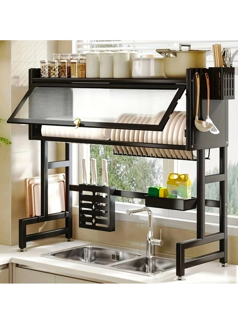 راكسوم حامل تجفيف الأطباق عالي التحمل فوق الحوض، حامل أطباق كبير من 3 طبقات فوق رف تجفيف الأطباق المضاد لرف حوض المطبخ مع منظم أطباق الباب مع خزانة مقاومة للغبار - Image 2