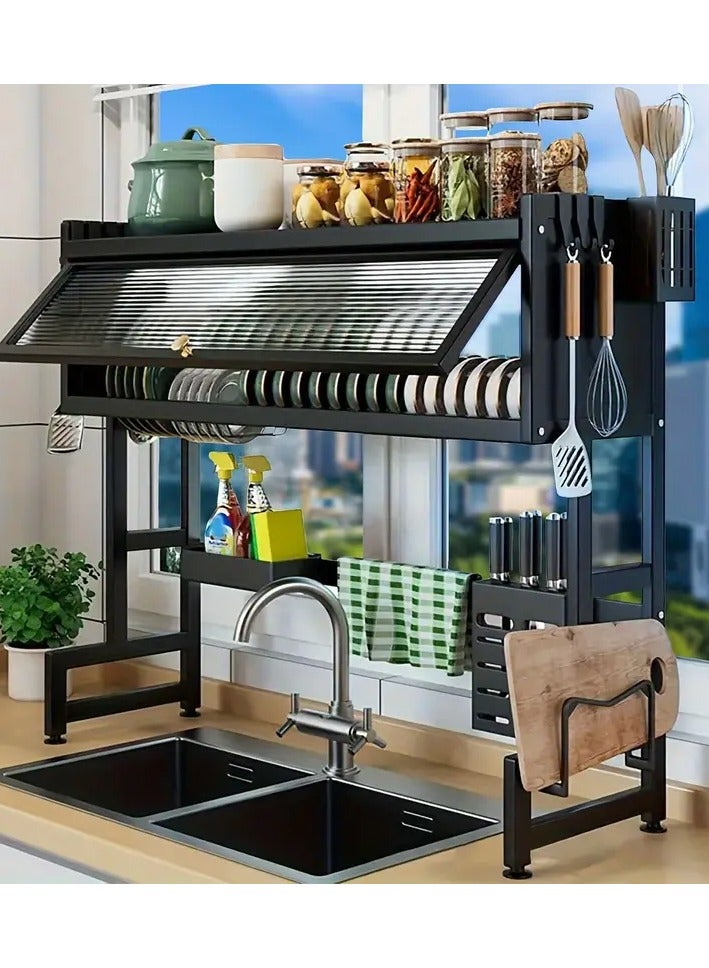 راكسوم حامل تجفيف الأطباق عالي التحمل فوق الحوض، حامل أطباق كبير من 3 طبقات فوق رف تجفيف الأطباق المضاد لرف حوض المطبخ مع منظم أطباق الباب مع خزانة مقاومة للغبار - Image 3