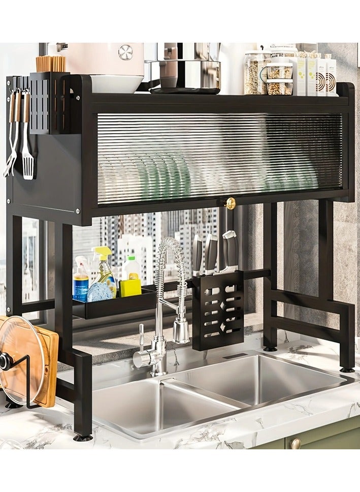 راكسوم حامل تجفيف الأطباق عالي التحمل فوق الحوض، حامل أطباق كبير من 3 طبقات فوق رف تجفيف الأطباق المضاد لرف حوض المطبخ مع منظم أطباق الباب مع خزانة مقاومة للغبار - Image 4