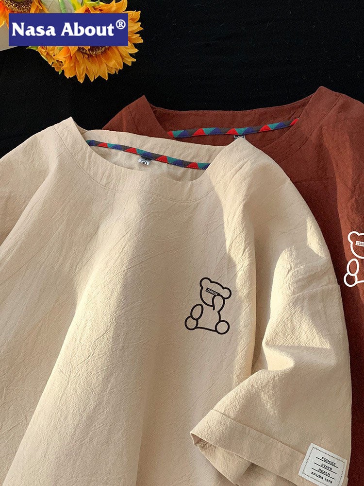 Nasa Ice Silk Linen Short-Sleeved Men'S Summer Thin Quick-Drying Bear T-Shirt Couple'S Loose Casual Chinese Style - Image 2