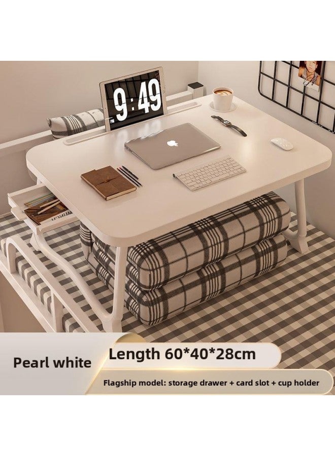 Bed Small Table Desk Dormitory Home Girls' Heart Bedroom Foldable Notebook Table Bed Folding Small Table-Color:Warm White + Round Tube U-shaped Table Legs-60cm X 40cm X 28cm Drawers