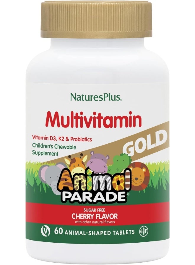 NaturesPlus Animal Parade Gold Multivitamin Children’s Chewables - Cherry Flavor - 60 Chewable Animal-Shaped Tablets - with Vitamin D3, K2 & Probiotics - 30 Servings - Image 1