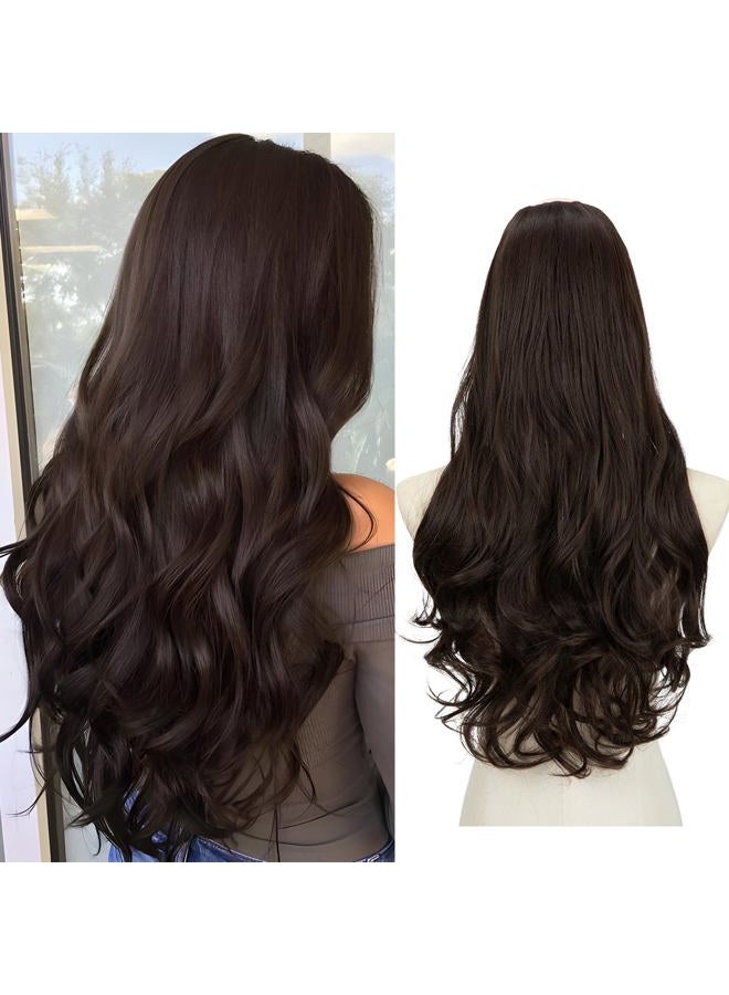 SARLA إضافات شعر اصطناعية طويلة ومجعدة وكثيفة بلون بني داكن للنساء بطول 24 بوصة، قطعة شعر كاملة على شكل حرف U - Image 1