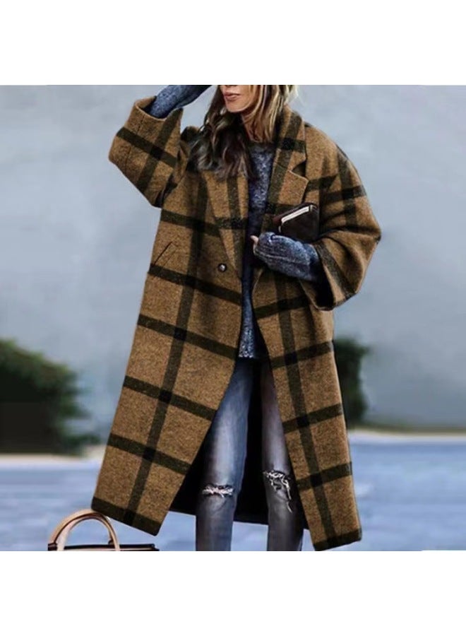 European And American Autumn Women's Clothing, Various Color-blocked Plaid Long-sleeved Lapel Outwears, Printed Dragon And Phoenix Woolen Outwears