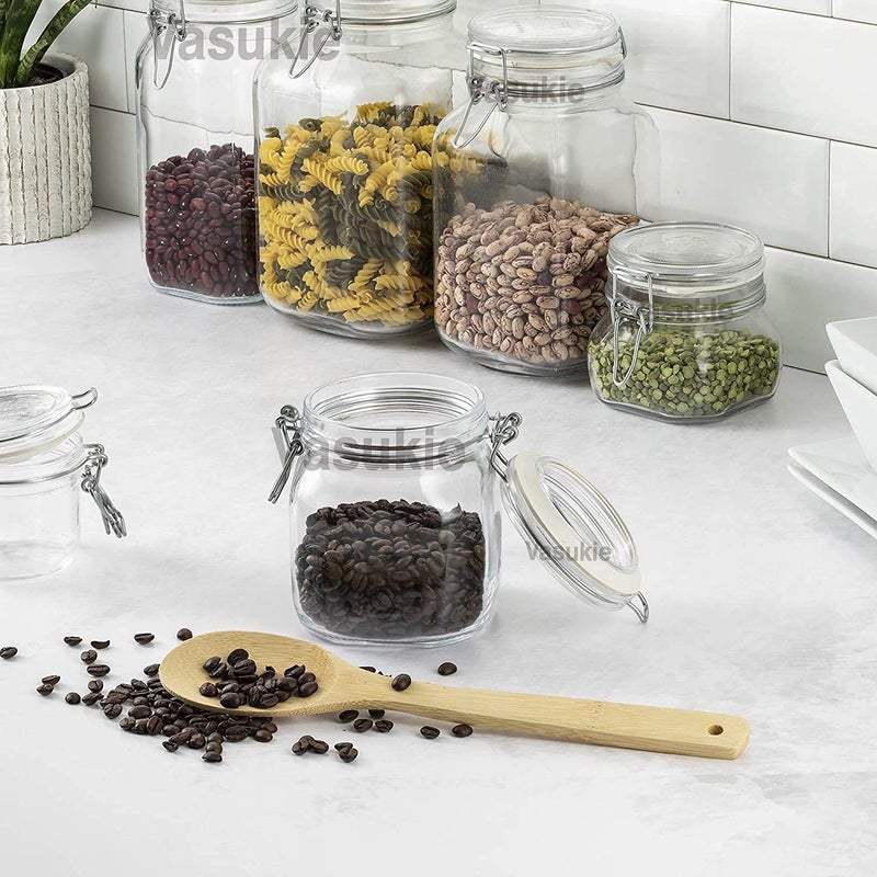Vasukie برطمانات زجاجية من فاسوكي بأغطية محكمة الإغلاق، برطمانات تخزين واسعة الفوهة، برطمانات تخزين المطبخ بغطاء إبزيم، برطمانات تعليب لتخزين الأطعمة الجافة مثل المعكرونة والتوابل والفاصوليا والدقيق (2) - Image 4