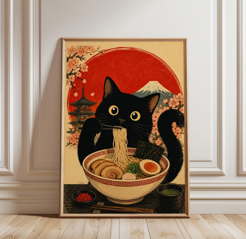 TNESSENTIAL Ramen Poster, Funny Cat Wall Art, Japanese Food Print, Animal Artwork, Kitchen Decor, Cat Poster - Image 1