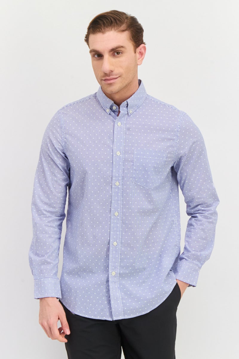 Chaps Men Straight Fit Long Sleeve Stripe Casual Shirt, Blue/White - Image 1