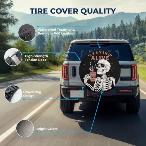GENANY Staying Alive Skeleton PVC Leather Halloween Spare Tire Cover, Universal Fit for Jeep, RV, Trailer, Camper, Size 15, Spring Car Decor - Image 4