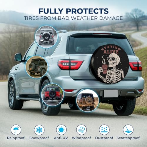 GENANY Staying Alive Skeleton PVC Leather Halloween Spare Tire Cover, Universal Fit for Jeep, RV, Trailer, Camper, Size 15, Spring Car Decor - Image 3