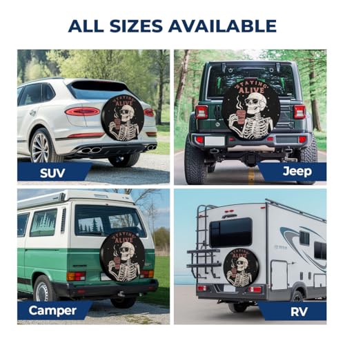 GENANY Staying Alive Skeleton PVC Leather Halloween Spare Tire Cover, Universal Fit for Jeep, RV, Trailer, Camper, Size 15, Spring Car Decor - Image 5