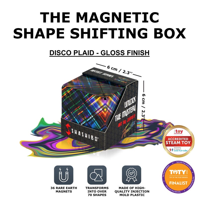 Shashibo Shape Shifting Box - Award-Winning Fidget Toy w/ 36 Rare Earth Magnets - Fidget Cube Transforms Into Over 70 Shapes, Sensory Toy Gift for Kids, Teens, and Adults (Disco Plaid) - Image 2