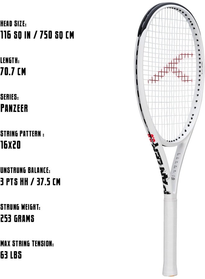 HUNDRED Panzer Strung Tennis Racket With Full Cover | 3 Points Head Heavy | Grip Size 2 (4 1/4 Inches) | 253 Grams (White) - Image 2