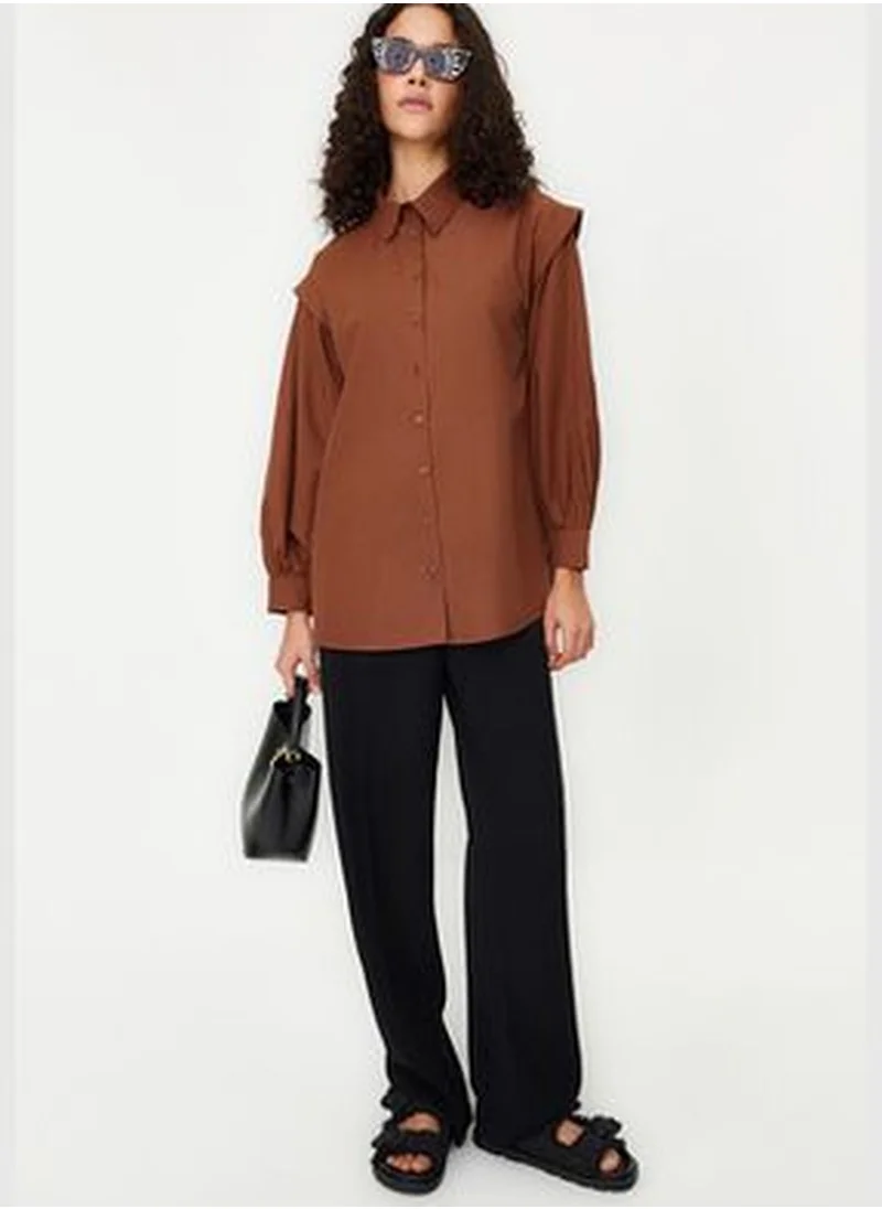 trendyol Dark Brown Balloon Sleeve Cotton Woven Shirt TCTSS24TG00023