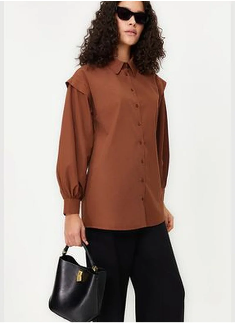 trendyol Dark Brown Balloon Sleeve Cotton Woven Shirt TCTSS24TG00023