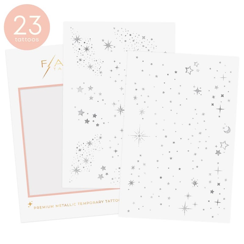 Flash+Tattoos Flash Tattoos Fairy Dust Metallic Temporary tattoos-2 sheet mini pack | Includes over 23 premium silver foil giltter tattoos | face glitter, face gems, festival, face freckles, celestial, moon - Image 2
