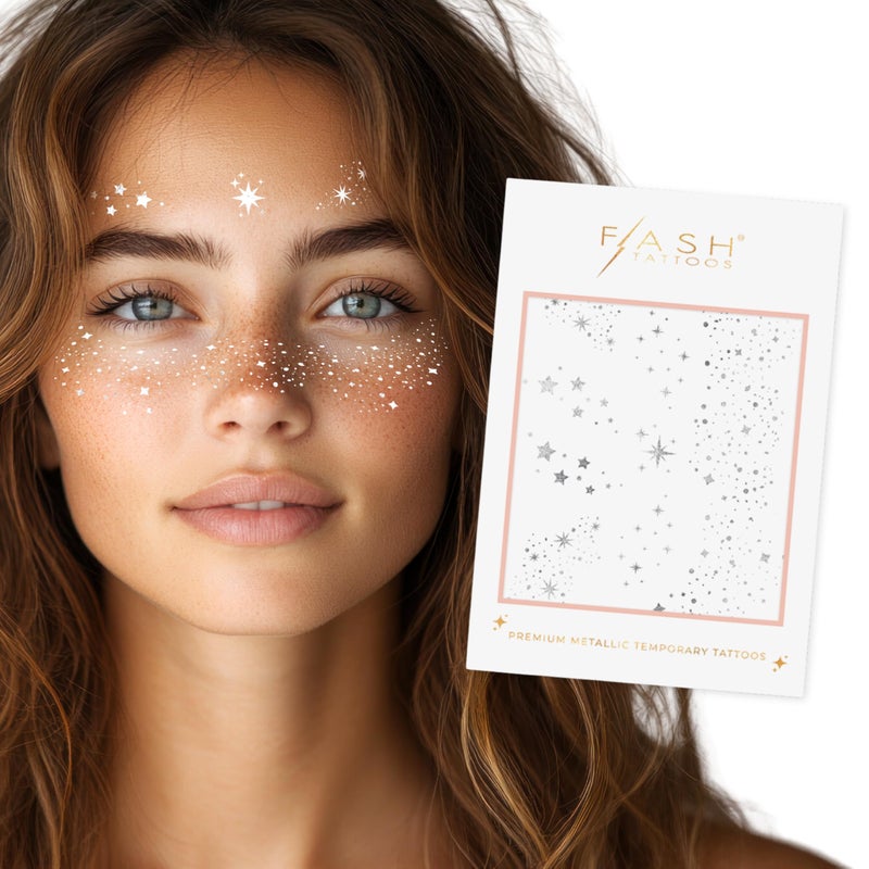 Flash+Tattoos Flash Tattoos Fairy Dust Metallic Temporary tattoos-2 sheet mini pack | Includes over 23 premium silver foil giltter tattoos | face glitter, face gems, festival, face freckles, celestial, moon - Image 1