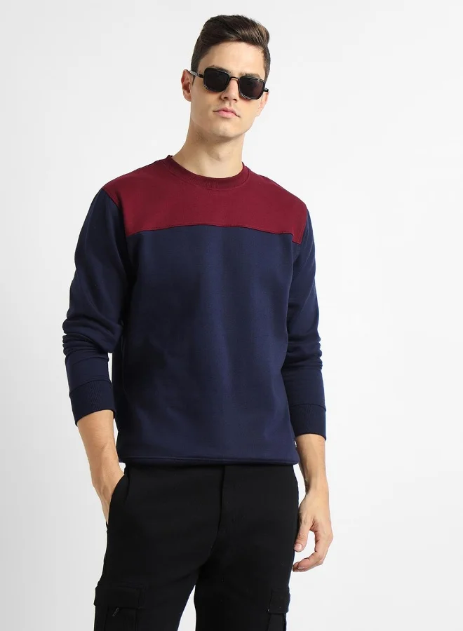 Dennis Lingo Regular Fit Navy Colourblocked Round Neck Sweatshirt for Men - Polycotton, Full Sleeves