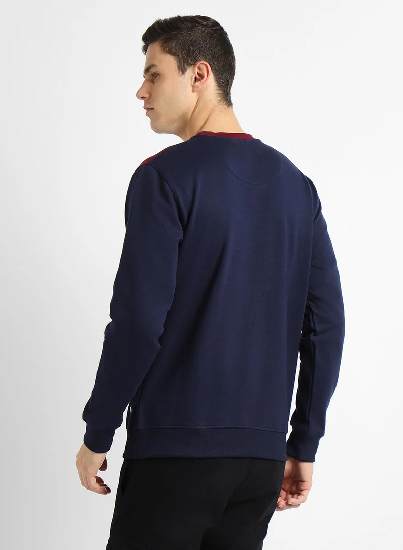 Dennis Lingo Regular Fit Navy Colourblocked Round Neck Sweatshirt for Men - Polycotton, Full Sleeves