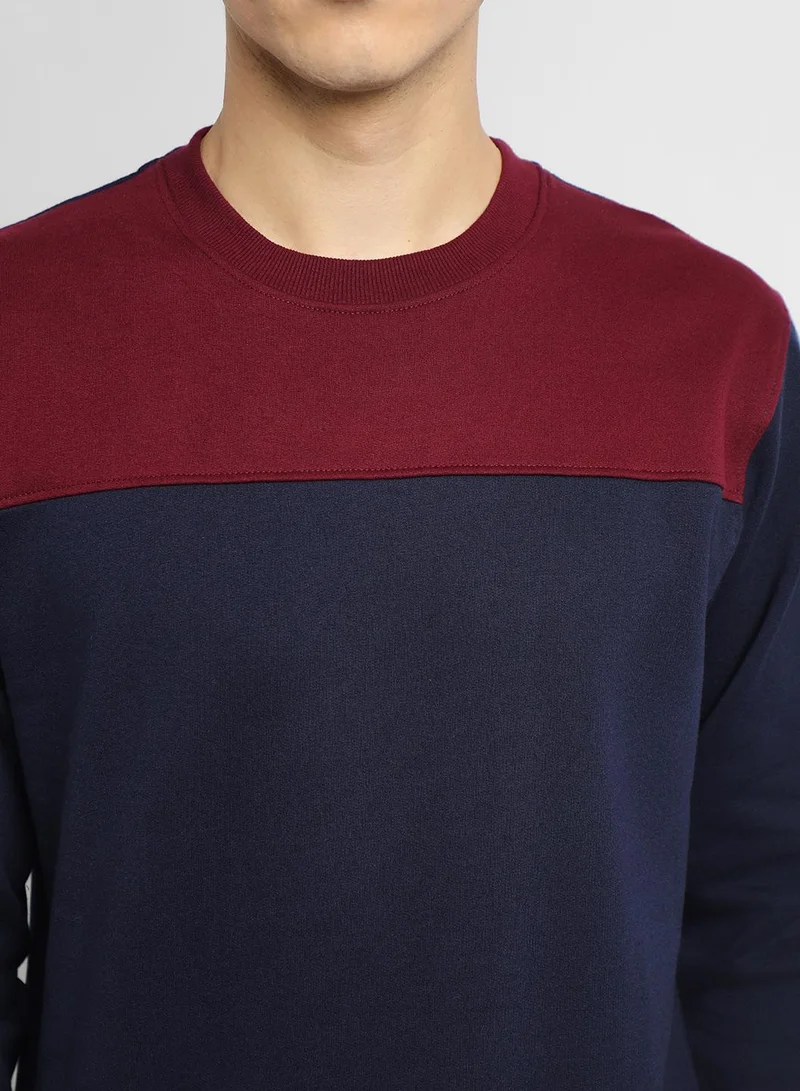 Dennis Lingo Regular Fit Navy Colourblocked Round Neck Sweatshirt for Men - Polycotton, Full Sleeves
