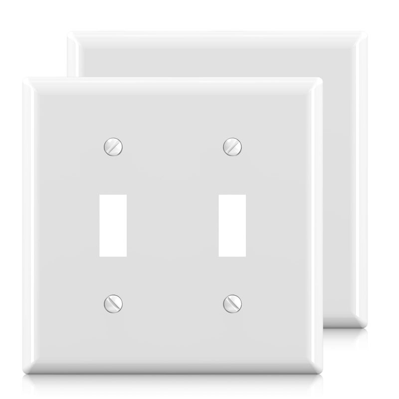 ELEGRP لوحات حائطية لمفاتيح تبديل ثنائية من Elegrp، مقاس قياسي 4.53 بوصة ارتفاع × 4.57 بوصة طول، غطاء لوحة أمامية من البلاستيك الحراري غير قابل للكسر لمفاتيح إضاءة التعتيم، مدرج في قائمة UL (عبوة من قطعتين، أبيض لامع) - Image 1