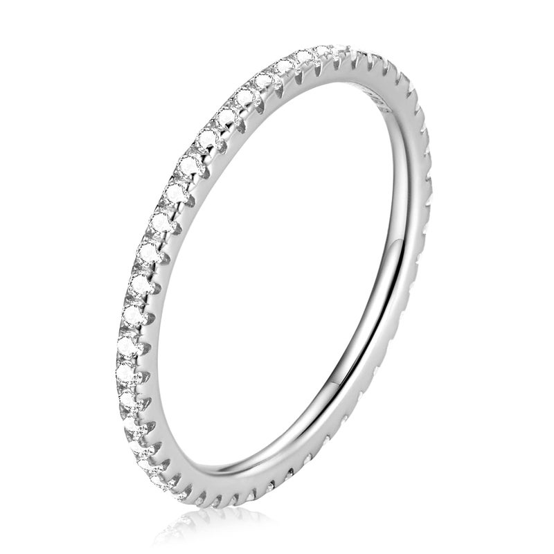 WOSTU 925 Sterling Silver Ring Eternity Cubic Zirconia Stackable Band Ring Tarnish Resistant Wedding Band for Women Men Multi Colors Statement Ring Comfort Fit Ring Gifts for 1.5mm Ring Size 6 Silver - Image 1
