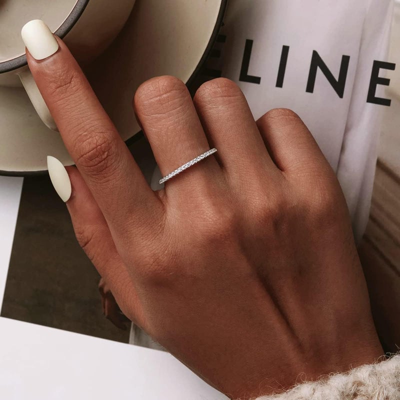 WOSTU 925 Sterling Silver Ring Eternity Cubic Zirconia Stackable Band Ring Tarnish Resistant Wedding Band for Women Men Multi Colors Statement Ring Comfort Fit Ring Gifts for 1.5mm Ring Size 6 Silver - Image 3