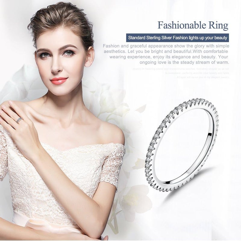WOSTU 925 Sterling Silver Ring Eternity Cubic Zirconia Stackable Band Ring Tarnish Resistant Wedding Band for Women Men Multi Colors Statement Ring Comfort Fit Ring Gifts for 1.5mm Ring Size 6 Silver - Image 5