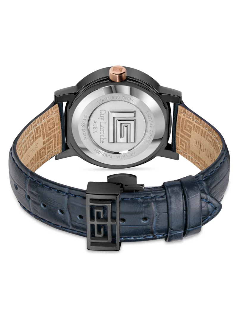 Guy Laroche Alex Watch for Men with Blue Genuine Leather Strap 42 mm 5 Atm